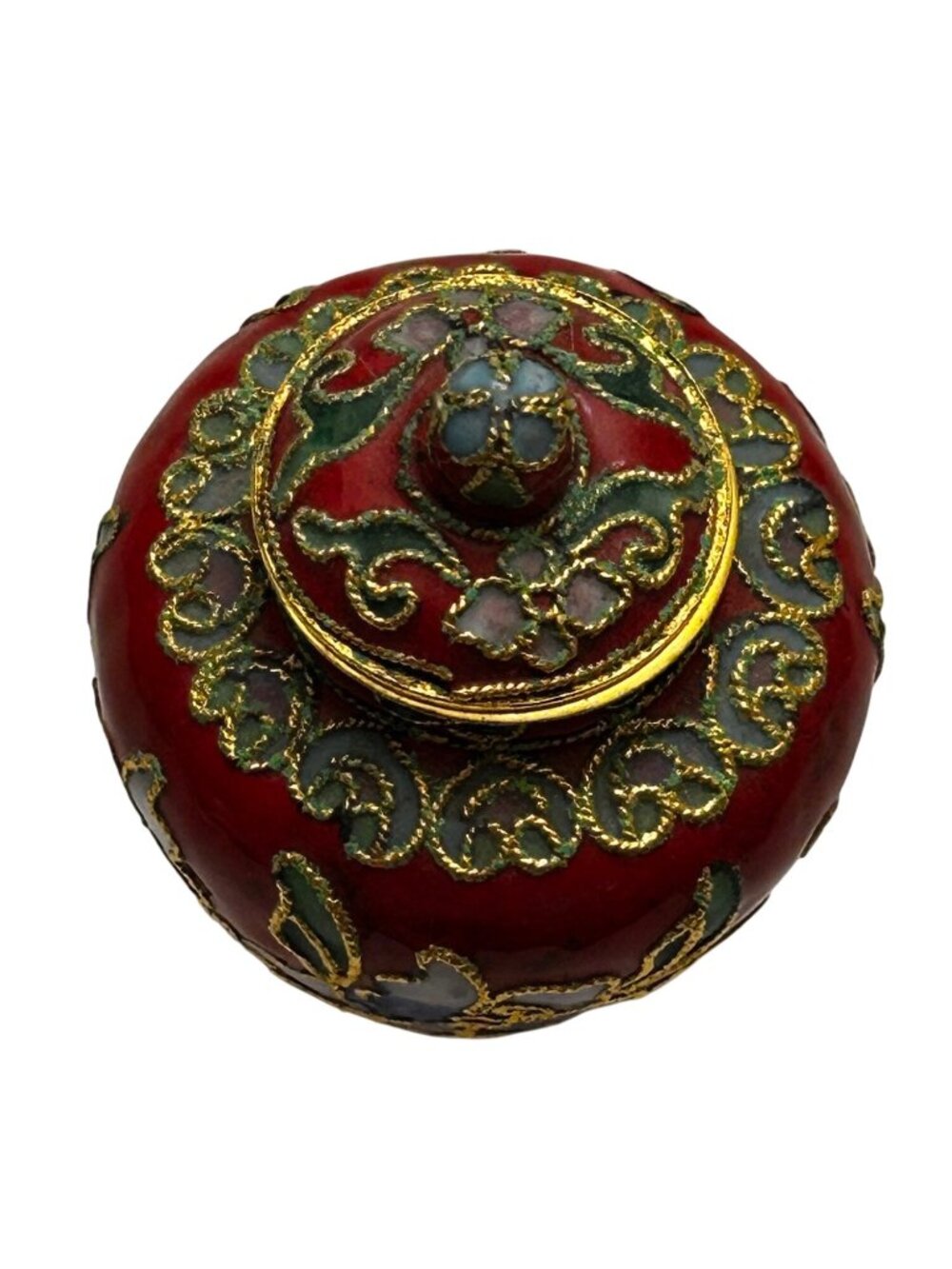 Miniature Red Cloisonné-Style Ginger Jar with Lid Floral Enamel Gold 2.25 In - Picture 2 of 12